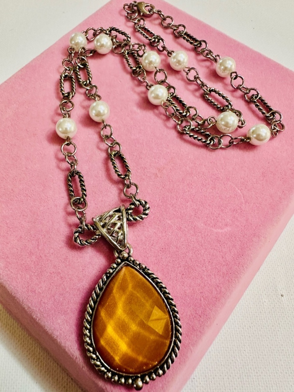 Amber Glass Teardrop Pendant Necklace - Picture 2 of 2